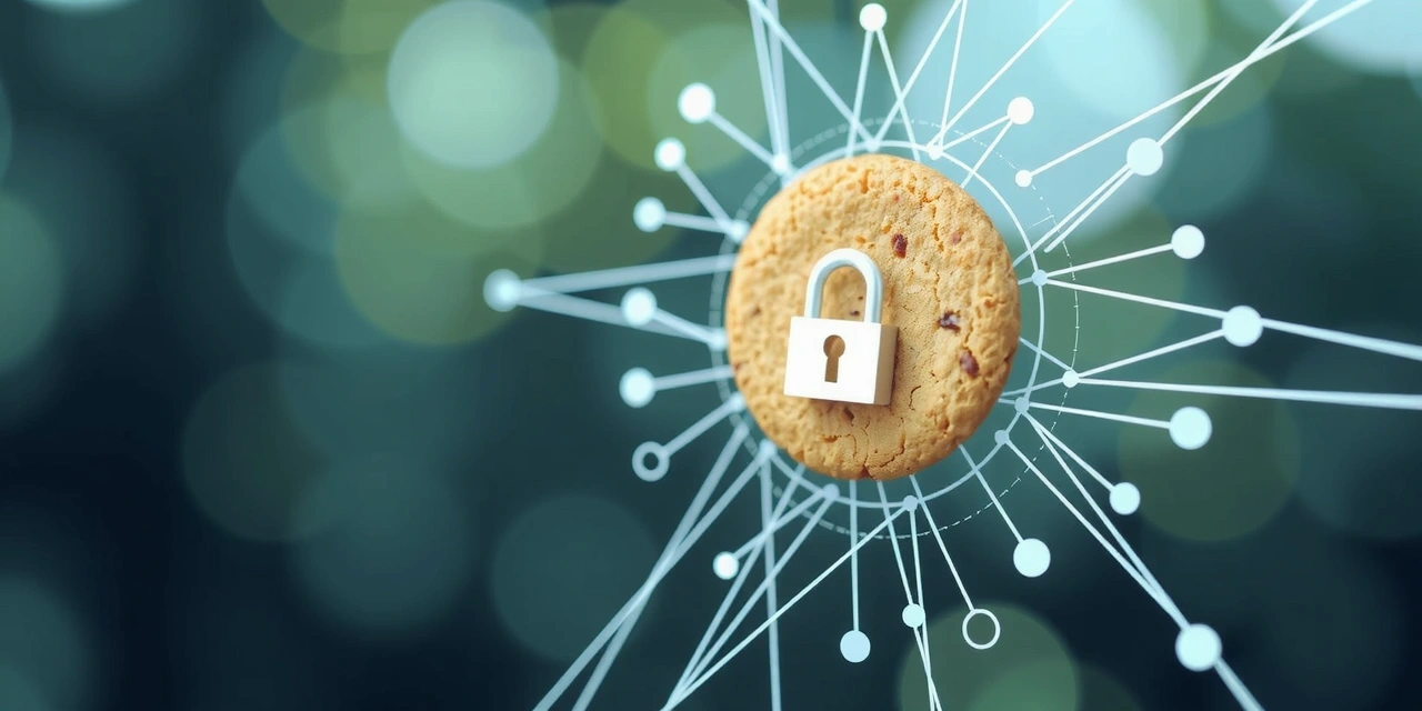 Ilustración de una galleta digital con candado de seguridad, representando la política de cookies y la privacidad en línea.