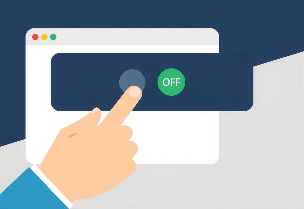 Ilustración de una mano haciendo clic en un interruptor de encendido/apagado, simbolizando el control del usuario sobre la configuración de las cookies en un navegador web.