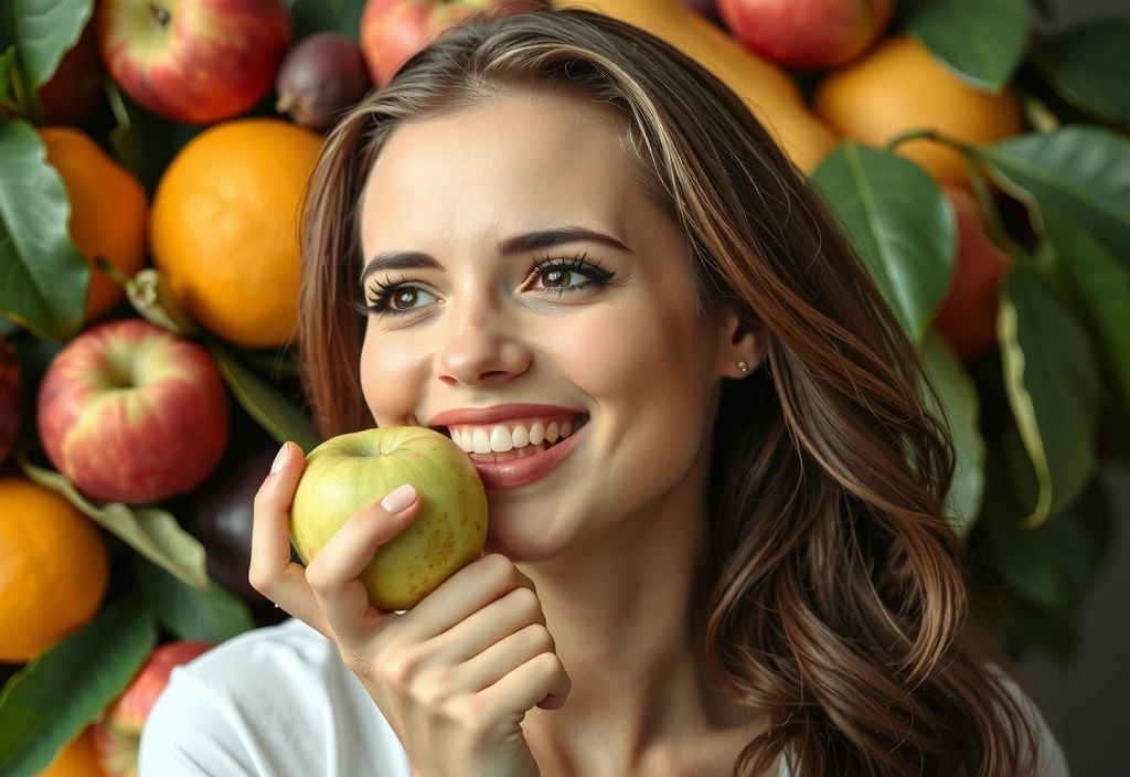 Mujer sonriendo y comiendo una manzana, simbolizando salud y vitalidad. Fondo con frutas frescas y naturaleza.
