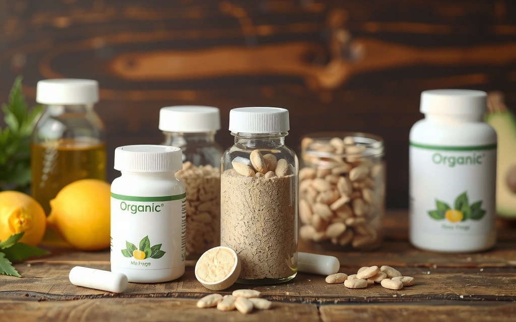 Frascos de suplementos alimenticios orgánicos sobre una superficie de madera, con ingredientes naturales de fondo