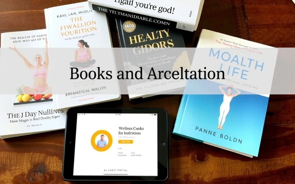 Una colección de libros sobre salud, nutrición y mindfulness, junto a una tableta mostrando una aplicación de bienestar, en una mesa de madera.