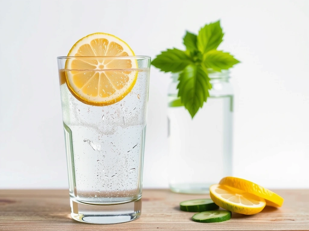Vaso de agua fresca con rodajas de limón o pepino, junto a una botella de agua, en un fondo limpio y refrescante.