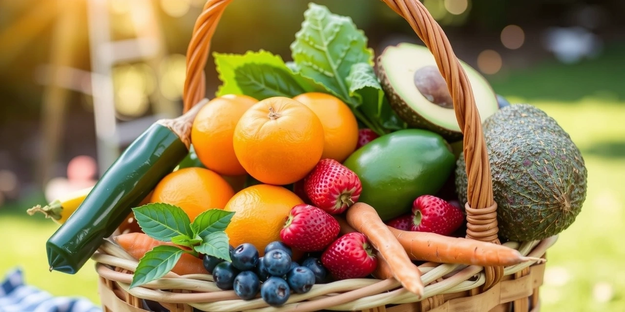 Frutas y verduras frescas en una canasta, representando las fuentes de vitaminas naturales